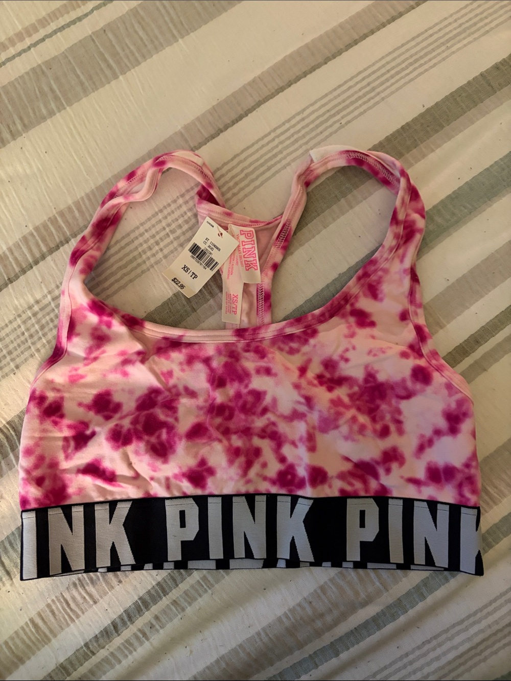 PINK Tie-Dye Racerback Sports Bra in Pink and White